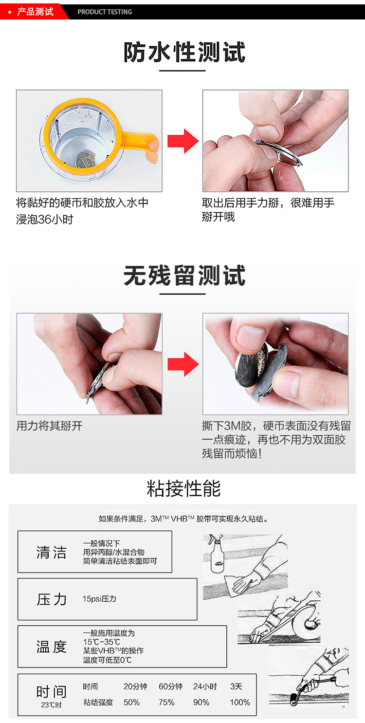 3MVHB通用型丙烯酸泡棉膠帶5925防水測試、無殘留測試、粘接性能